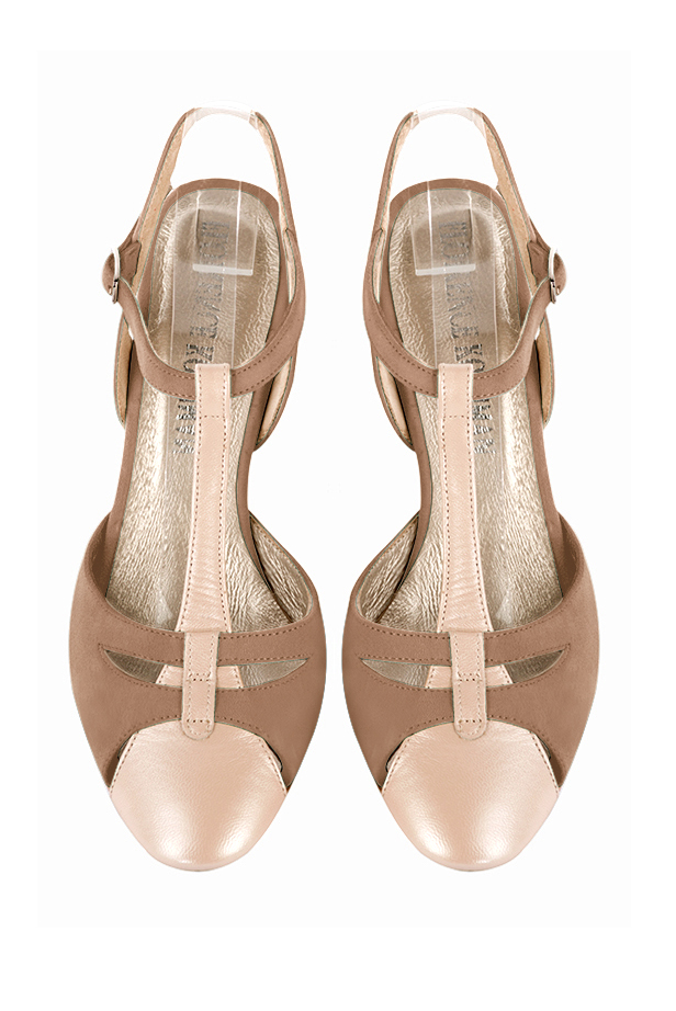 Gold and biscuit beige women's open back T-strap shoes. Round toe. High kitten heels. Top view - Florence KOOIJMAN